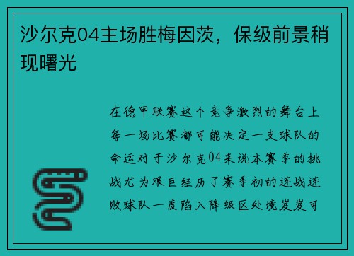 沙尔克04主场胜梅因茨，保级前景稍现曙光